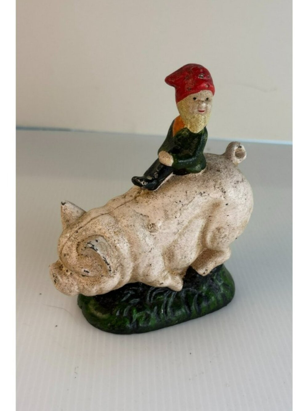 Toy-Bank-Antique Pig Cast Iron Still Bank w/ Elf rider Heavy